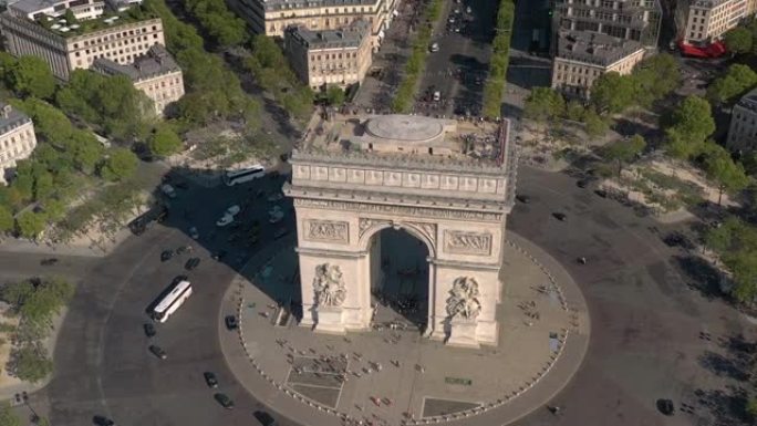 晴天巴黎市飞越著名交通圈凯旋拱门广场空中俯视图4k法国