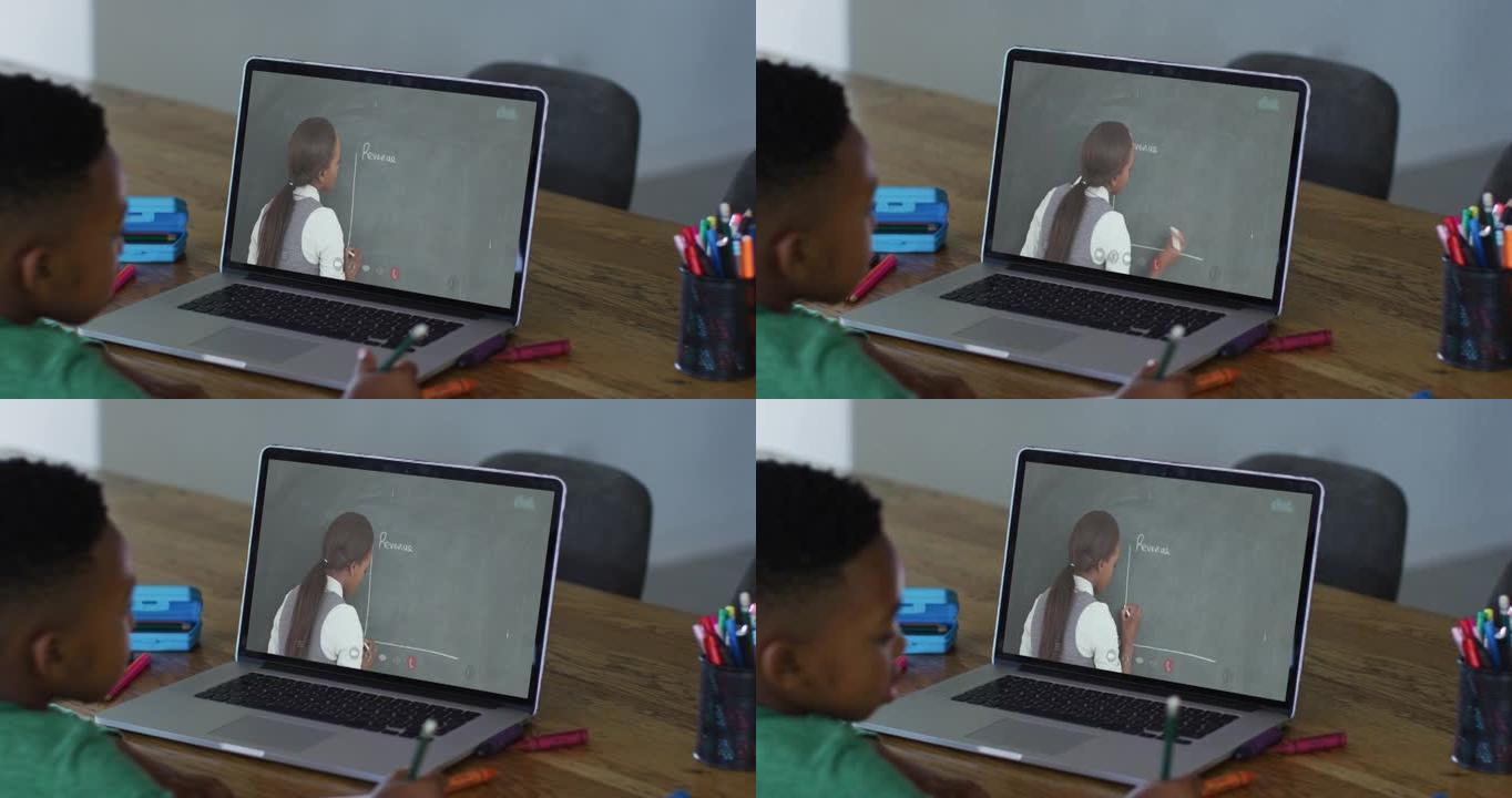 非裔美国男孩在家里做作业时在笔记本电脑上进行视频通话