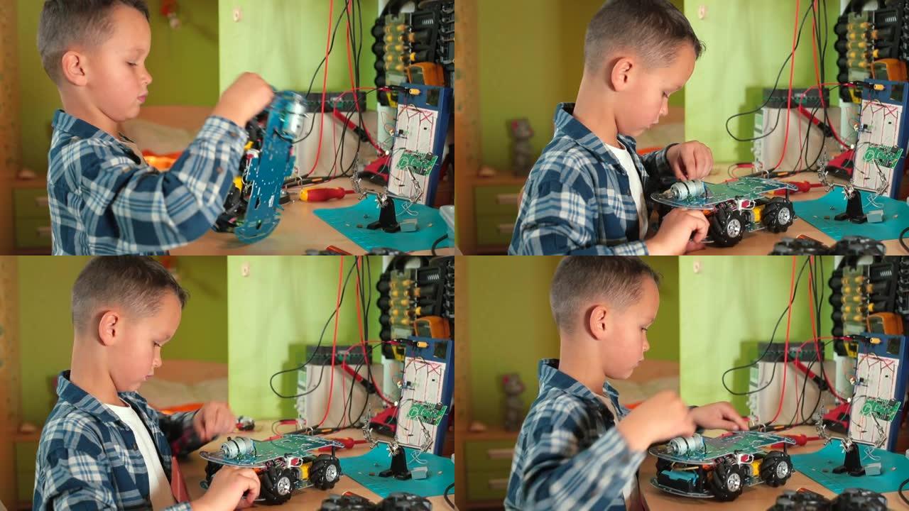 男孩工作室拧开玩具车的螺丝。他转手，重新制造车轮