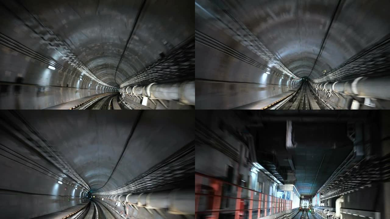 铁路隧道中的运动隧道地铁第一视角铁轨