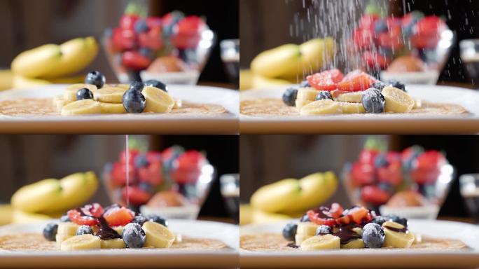 香蕉在盘子上出现停止运动，并覆盖着液态巧克力