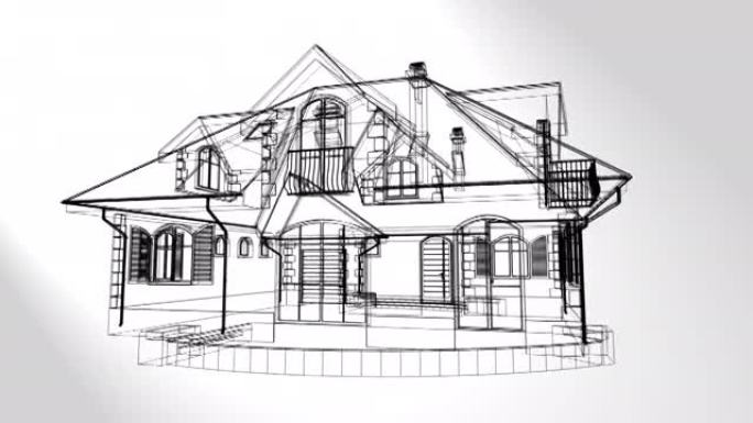 3d动画，白色背景上的房子 (技术绘制)