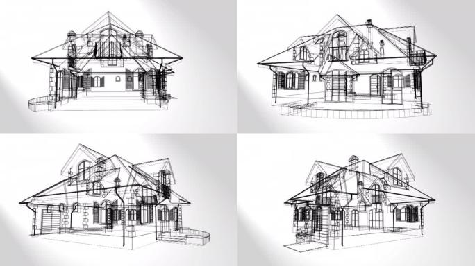 3d动画，白色背景上的房子 (技术绘制)