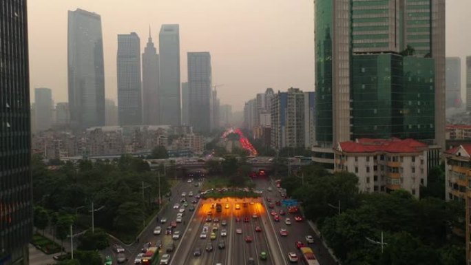 晚间时间广州市市区交通街隧道空中全景4k中国