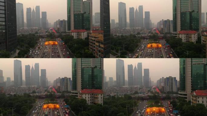 晚间时间广州市市区交通街隧道空中全景4k中国