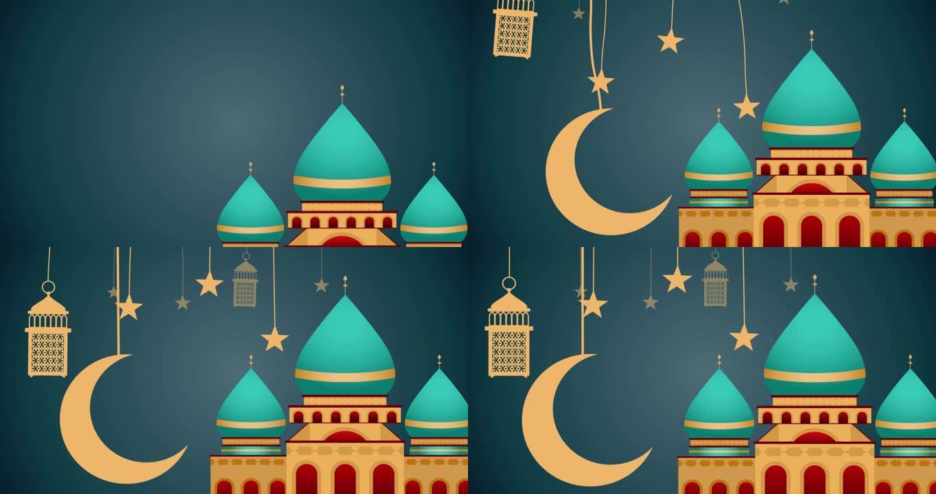 蓝色背景下夜间悬挂在建筑物上的月亮，星星和小灯的动画