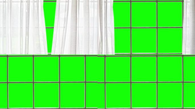 窗帘用窗户平底锅打开到绿色屏幕上