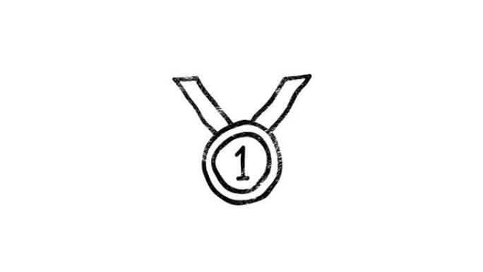 获奖手绘奖章图标孤立在绿色背景上。获胜者奖杯符号。运动图形。