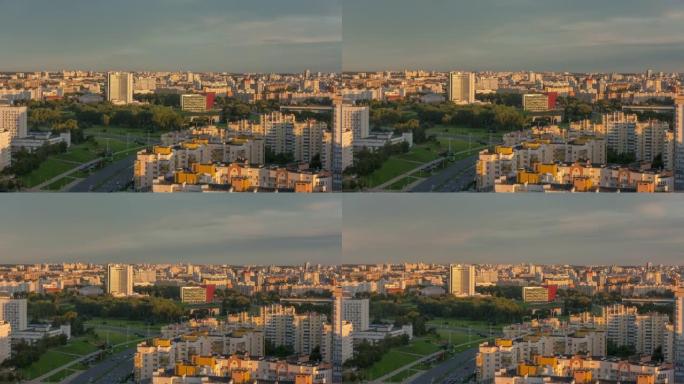 日落时间明斯克市中心屋顶全景4k延时白俄罗斯