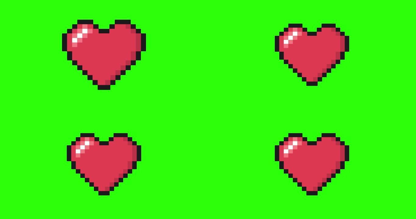 像素心脏的心跳。'8位风格。心率概念。绿屏。4k动画