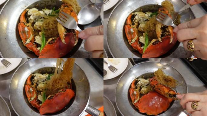 吃蒸锅蓝蟹粉丝玻璃面条泰国式美食俯视图