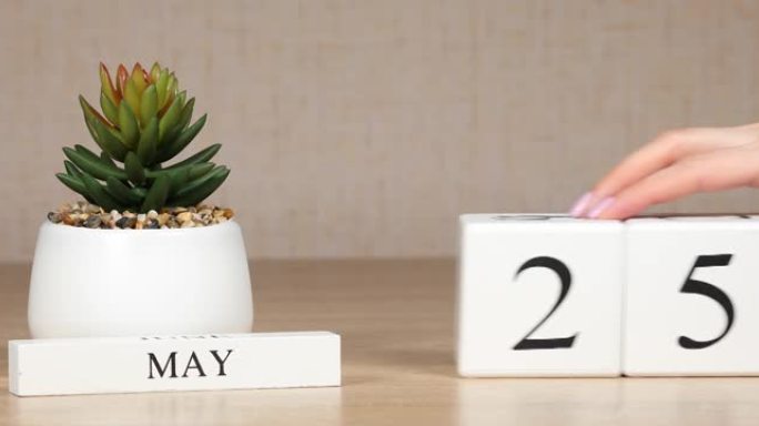 日历上的重要日期或事件是5月25日的。女性手用数字移动立方体。