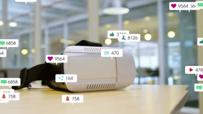 虚拟现实耳机横幅上社交媒体图标和数字的动画
