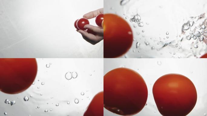 人将少量美味的樱桃番茄倒入水中