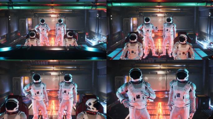宇航员乘坐他们的星际飞船在太空旅行。该动画适用于梦幻般的，未来派或太空旅行背景。宇航员的宇宙飞船视图