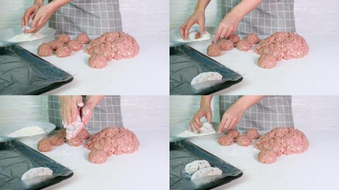 用猪肉末在厨房里煮肉排，肉丸，女人做毛坯和半成品冷冻的过程