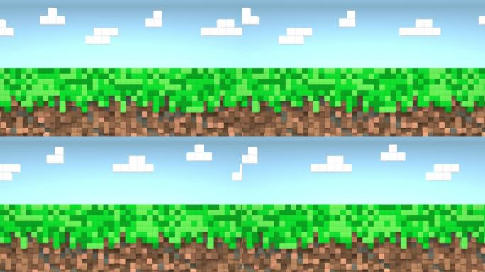 电子游戏几何镶嵌波浪图案。使用棕色和绿色的草块，蓝天和云来建造丘陵景观。像素背景。4k的3d动画循环