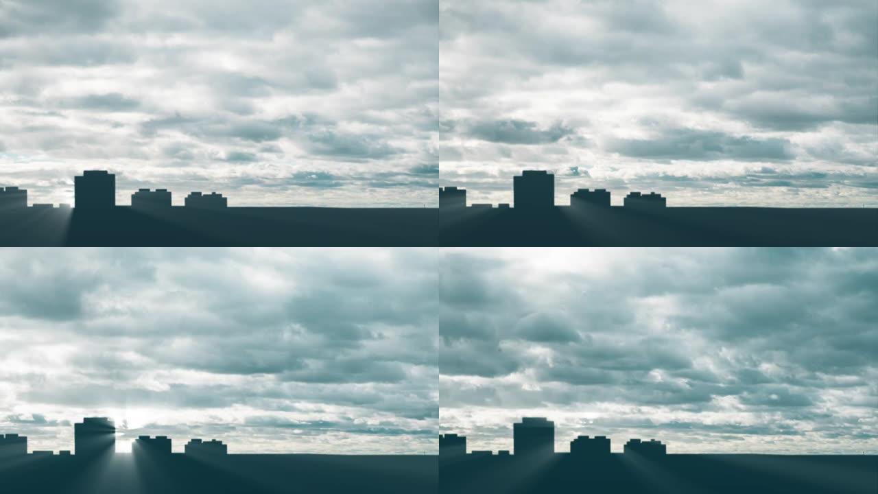 浓重的灰云飞过城市。光线穿过城市建筑的轮廓。