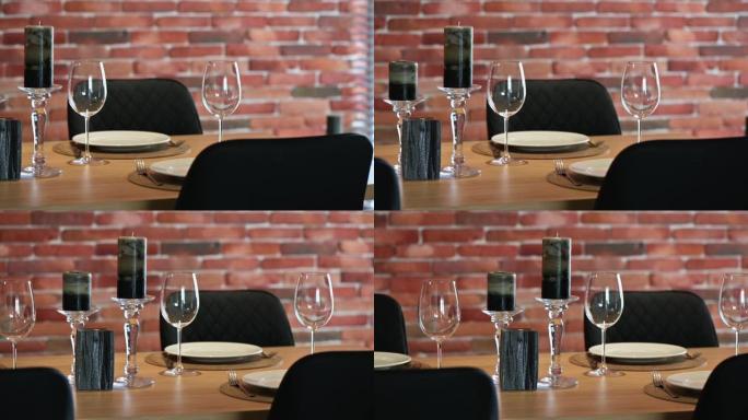 现代豪华餐桌的特写镜头，平移镜头