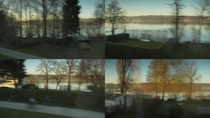森帕奇湖火车窗的春天日落