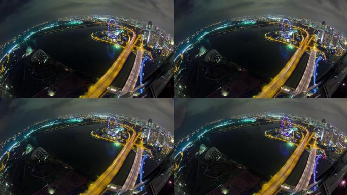 夜间照明新加坡著名酒店屋顶传单湾交通道路全景4k延时