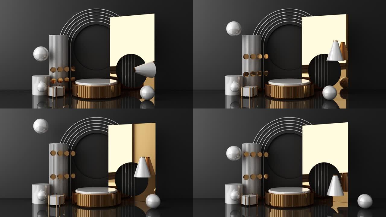 模拟几何形状金色和玻璃纹理，带白色讲台，用于产品设计、3d渲染、3d插图动画循环
