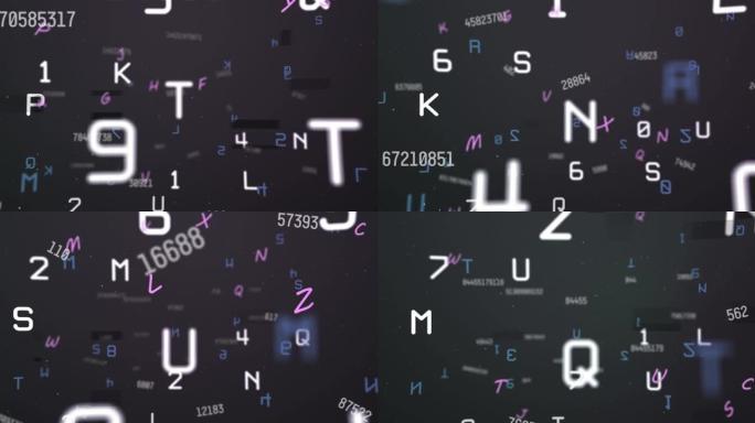 黑色背景下浮动的多个数字和字母的数字动画