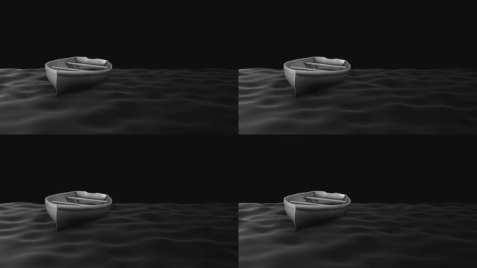 黑白夜动画。海浪。一艘船。阴影游戏。船搁浅了。周围有水