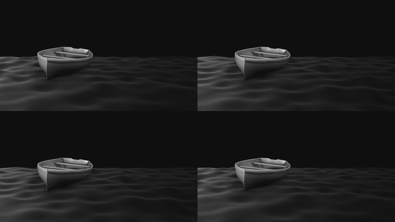 黑白夜动画。海浪。一艘船。阴影游戏。船搁浅了。周围有水