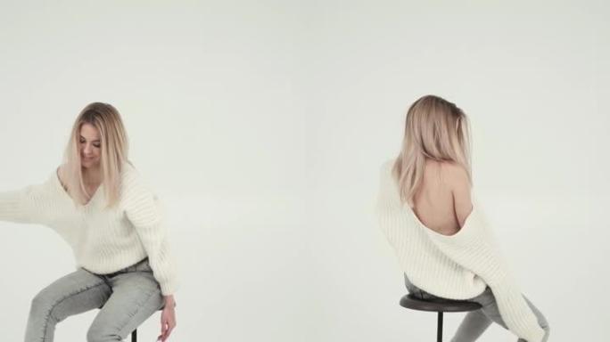 微笑的女人坐在白色工作室的椅子上摆姿势