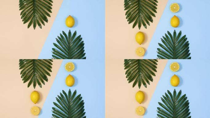 夏季新鲜的棕榈叶和柑橘柠檬布局出现在蓝色的沙质背景上。停止运动