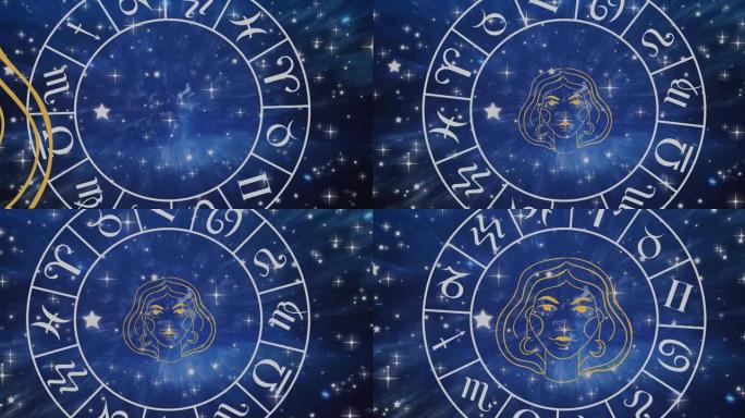 旋转的星座轮在发光的星星上的处女座星座符号的动画