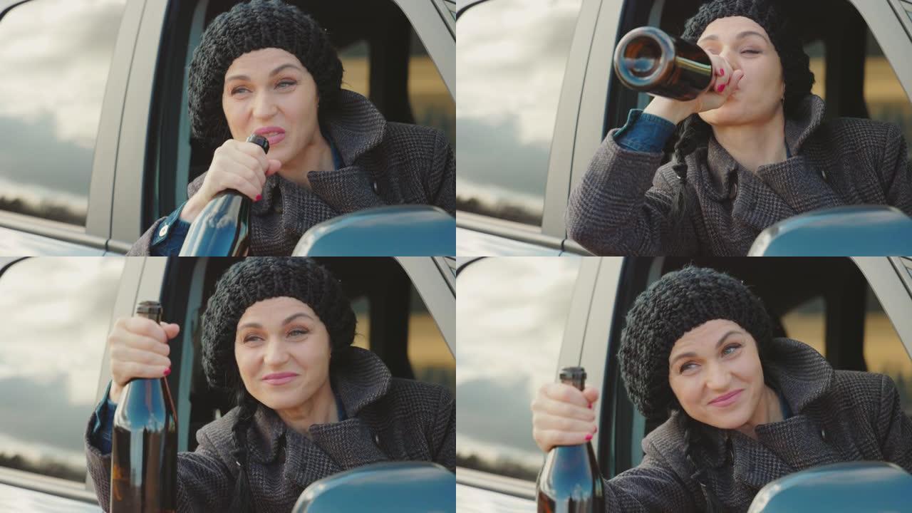 快乐的醉酒女人在车里喝一瓶酒