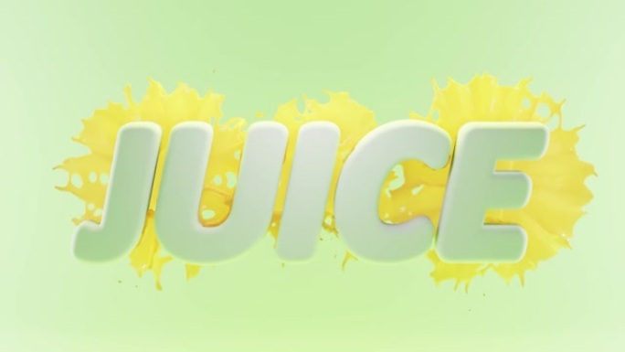 在绿色薄荷背景上溅入橙色，酸橙或柠檬汁。3d动画液流，热带水果鸡尾酒滴，波浪新鲜饮料。单词汁液滴落黄