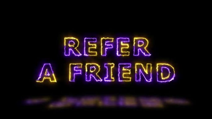 “参考朋友” 黄色和紫色能量边界线标题动画，地板上有反射。简单的无缝循环动画文本。4k排版运动图形