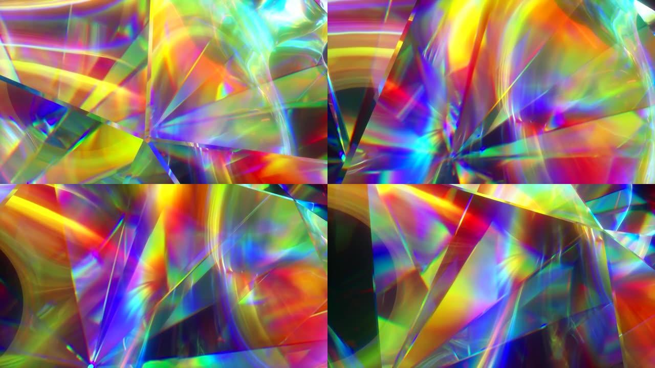 光线穿过缓慢旋转的钻石的刻面，并产生重复的闪闪发光的高光和明亮的彩虹色。光的彩虹色散。无缝循环3d渲