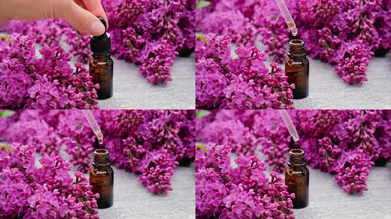 紫丁香精油和提取物在一个小瓶。选择性聚焦。自然。