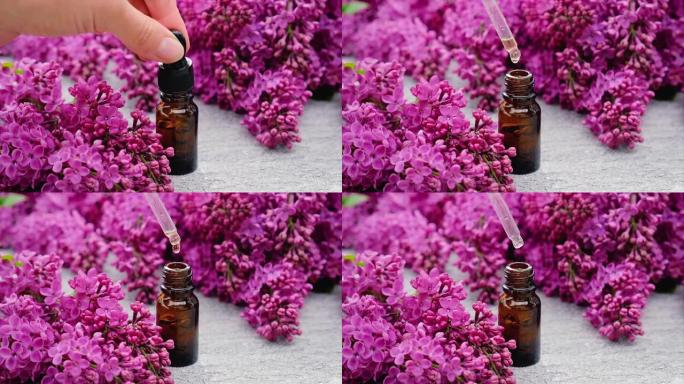 紫丁香精油和提取物在一个小瓶。选择性聚焦。自然。