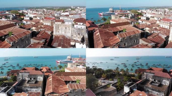 非洲桑给巴尔市石头镇，贫民窟屋顶和贫困街道的鸟瞰图