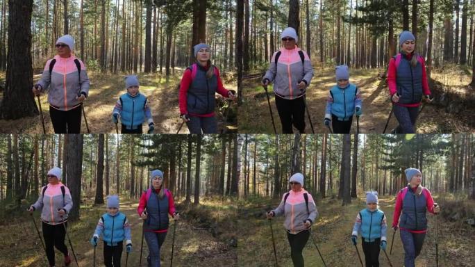 女人在大自然中做北欧行走。女孩和儿童使用登山杖和北欧波兰人，背包。家庭旅行并参加体育运动。秋天的森林