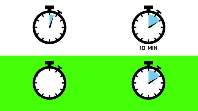 10分钟，秒表图标。平面样式的秒表图标，彩色背景上的计时器。运动图形。