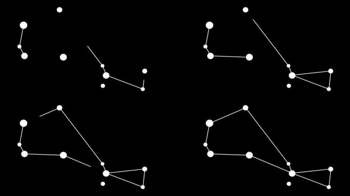 船尾座。夜空中的星星。黑白线条艺术风格的星座。星系团。横向构图，4k视频质量