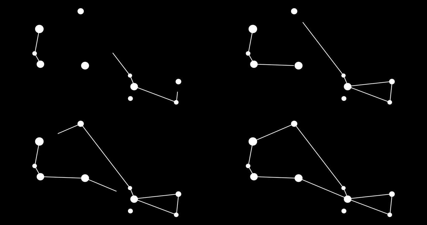 船尾座。夜空中的星星。黑白线条艺术风格的星座。星系团。横向构图，4k视频质量