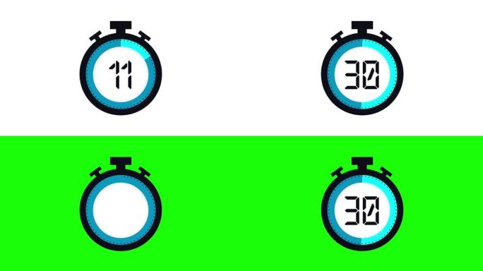 色彩丰富的最小倒计时计时器动画，从30到0秒。现代平面设计，白色背景动画。高质量4k视频