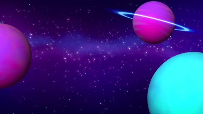 抽象行星和星空的循环动画。紫色神秘行星在太空中旋转着发光的环。宇宙，宇宙概念。抽象球体，银河系素材