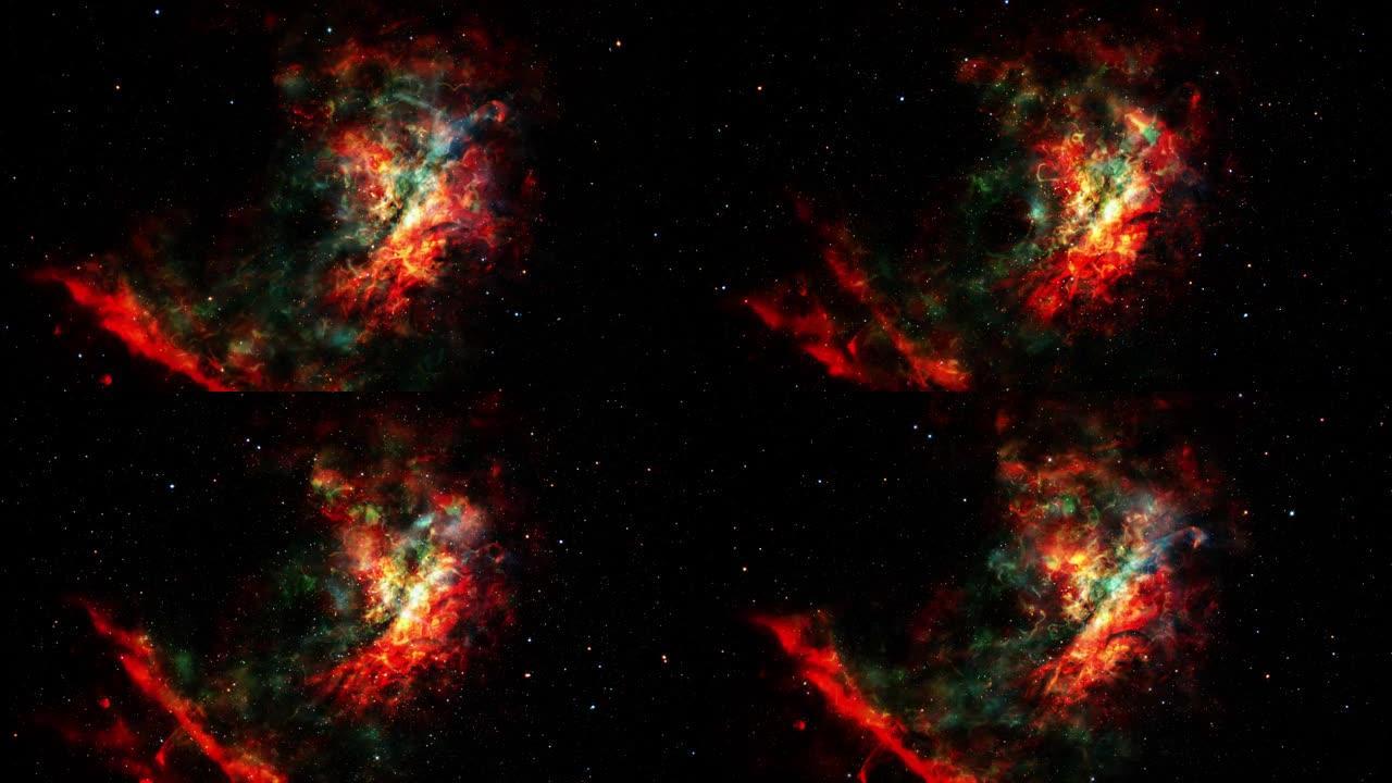 抽象循环空间通过火花等离子体云团、星系和恒星概念传播到未知星系。4K 3D无缝循环。科学，科幻太空探