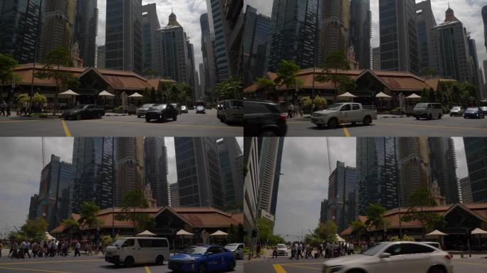 新加坡市区日间交通街十字路口著名食品市场慢动作全景4k