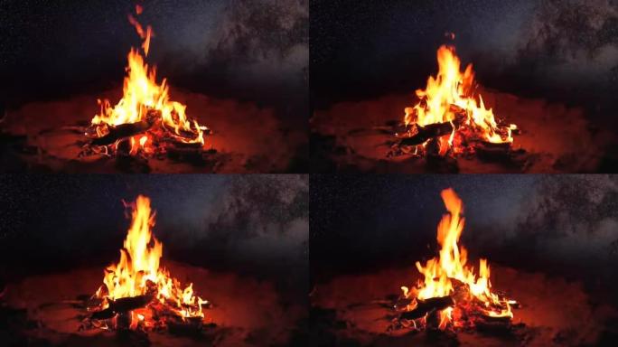 篝火。壁炉。晚上着火了。火焰在晚上燃烧。篝火浪漫景观。熊熊篝火。