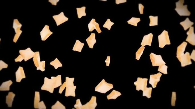 在黑色背景上飞行许多普通的面包片。食品、食品和饮食概念。小麦面包片旋转的3D动画。循环动画。