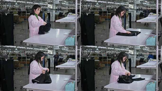 服装厂生产车间女工西裤质量检测